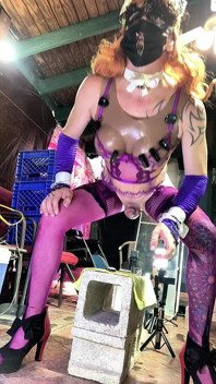Sexy Shemale in Violet Lingerie Inserting Bottle in His Ass