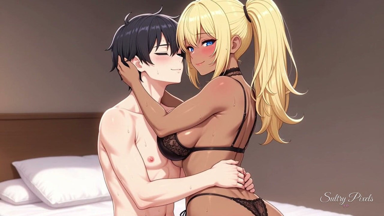 Sultry Pixels 3D: Fit Tanned Blonde in Black Lace Climbs Into His Lap...