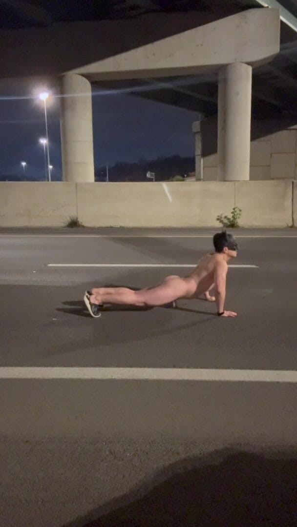 barenakedboy: Highway Bridge Exposure: Asian Muscle Hunk Flexes Bare Naked, Dangles...