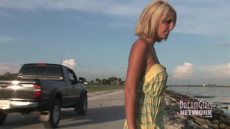Dream Girls: Big tit blonde flashes roadside