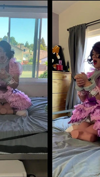 Pink Satin Sissy Maid Rides Her Sex Doll Toy While Locked