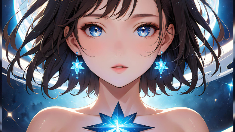 LustRender: コズミック・セレニティ:頬に星屑をつけた美しい若い女性