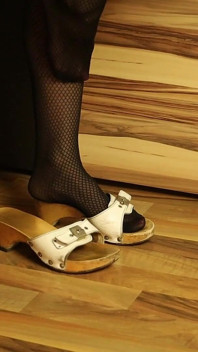 Retro Dangling in Patterned Nylons & Classic Wooden Mules