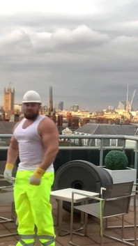 Builder Iron Bending Muscle Flexing and Measuring