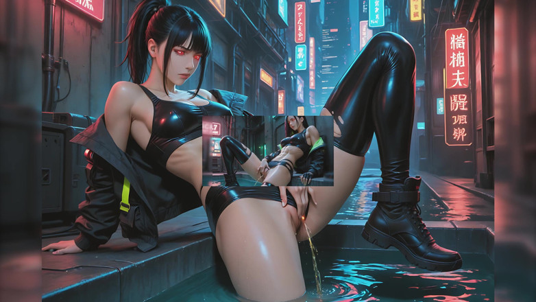 LustRender: Cyberpunk street samurai mujer soltando meada larga y poderosa