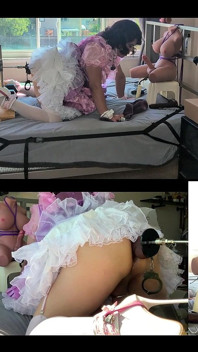 Rosa Satin-sissy-zimmermädchen wird von ihrer fickmaschine gefickt und spielt mit ihrer sexspielzeugpuppe