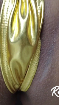Hot Brunette in Golden Swimsuit Fucking Pussy Creampie