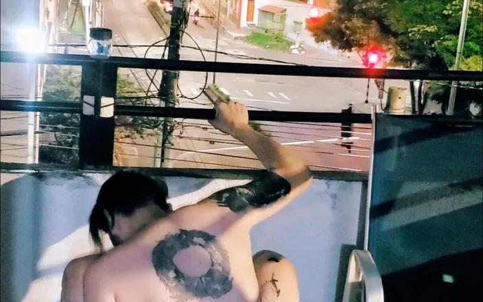 SlutClosetedfag: Exhib Dildo Fuck on the Balcony