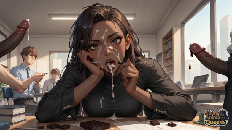 Ebony Anime Queens: La ragazza d'affari della cagna attira con lei eccitata, sbavando...