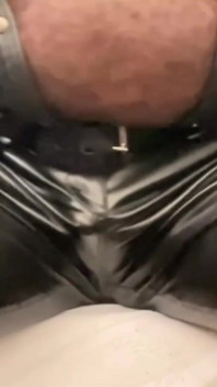 Black Leather Vibrating Toy Cock Fondle & Nipple Play