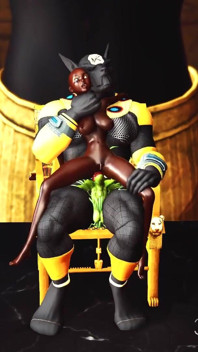 Anubis mengongkek keras eboni hamba seksi di kuil Mesir