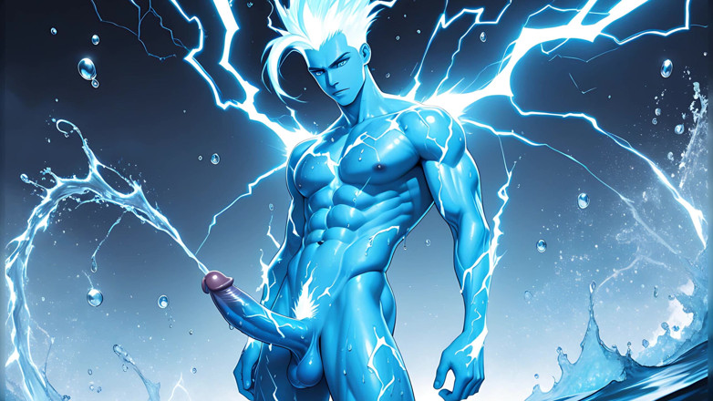 LustMen: Lightning Elemental Solo Boy Jerking Erect Dick with Electric Glow