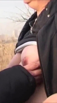 Old BBW chick sucks his cock outdoor in close up
