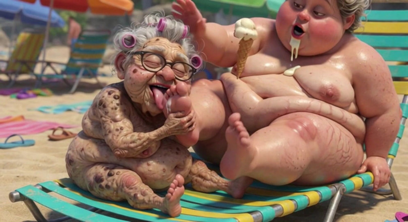 Anime Hentai: Anziana nonna succhia appassionatamente piedi bbw sulla spiaggia