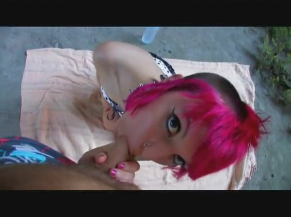 European Classics: Sexy slut with colored hair bows guy's cock outdoors