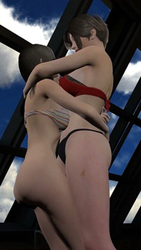 Ladyboy Thigh Fucking Blonde Girl Standing up by the Pool