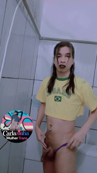 Carlazinha the Belly Button Pierced Whore Pulls Her Purple Panties to the Side and Shows Her Wet Cock