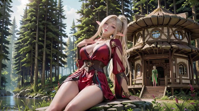 Seraphina Vale: Phù thủy elf áo choàng đỏ! Hiên rừng đầy nắng, ánh mắt quỳ gối...