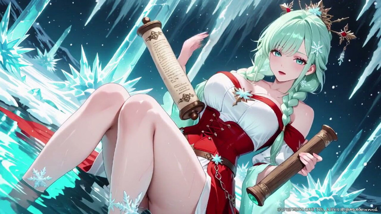 Tay Swift X: Green-haired Goddess in Red Gown Kneels in the Crystal Hall,...