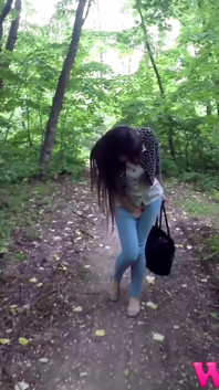 Skinny Brunette Desperate to Pee in the Woods Has to Find a Way to Empty Her Bladder