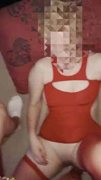 Wife in Red Mini Dress and Chastity Husband, Playing with Big Dildo