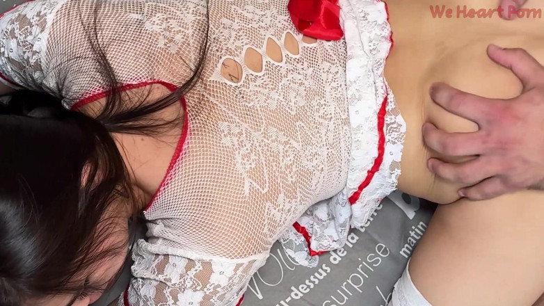 We heart Pron: Sexy Brunette Asian in White Lace and Stockings Gets Pounded...