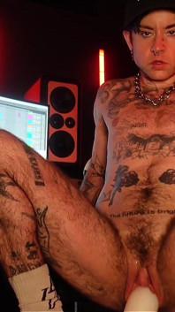 Ftm Musician XXX Skips Fills His Pink Pussy with Oversized Dildos in His Recording Studio