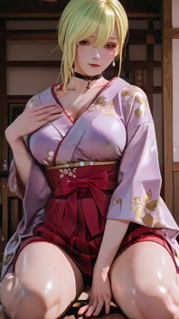 Dewi pirang di koridor Jepang, tatapan malas, tangan di pinggul, sinar matahari membasahi kulitnya