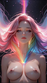 Regenboog kosmische schoonheid met gloeiende roze ogen fantasieportret Ai art diavoorstelling