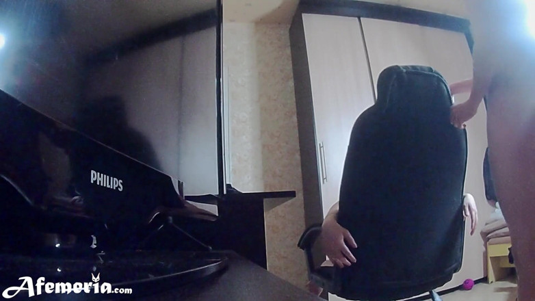 Afemeria: Masked girl doggystyle on chair, sucks cock and gets cum...