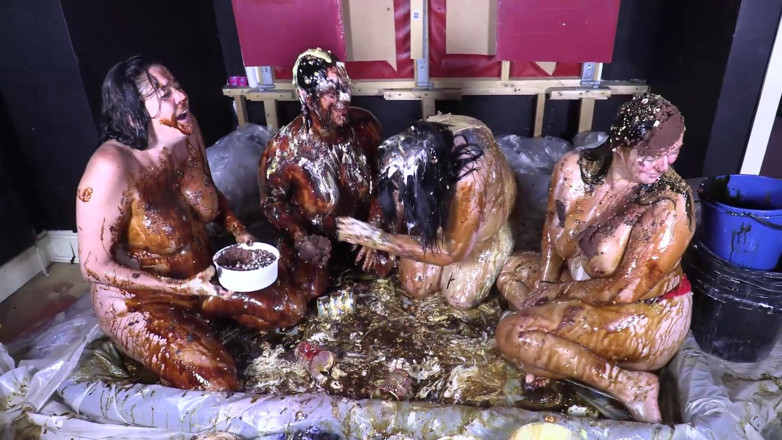 Gunked up girls: 4 girl food sploshing