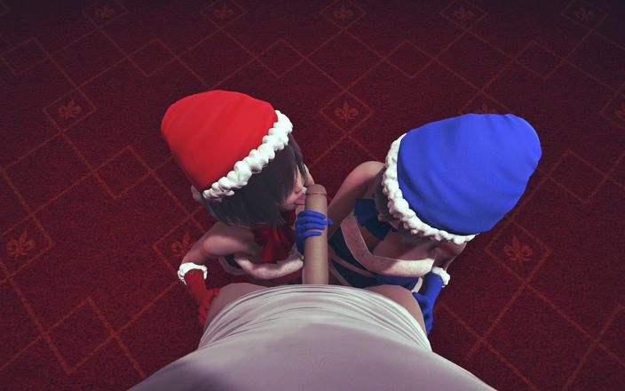 Waifu club 3D: Christmas girls handjob and lick your cock POV