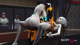 Futa Sex Robot Plays with a Female Alien in the Sci-fi Lab