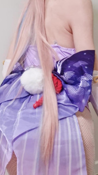 Tender Sangonomiya Kokomi with Bunny Ears and Latex Bodysuit Teases with Her Cute Ass in Fishnets