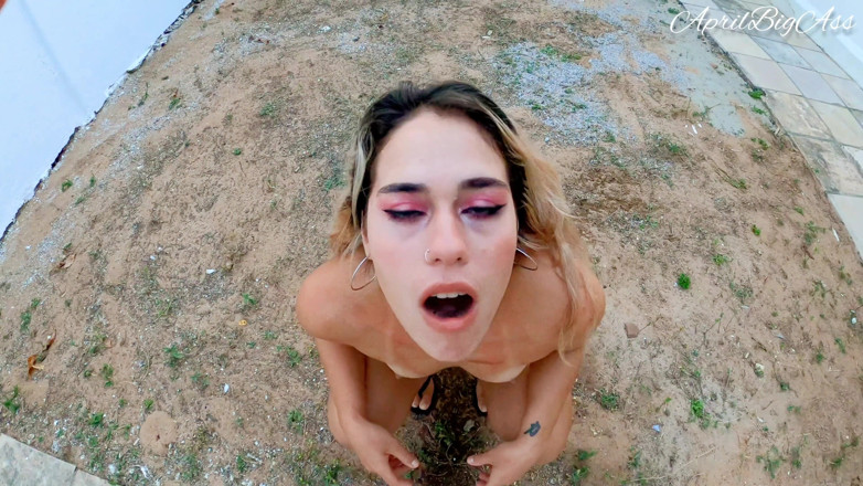 April BigAss: Drinking piss on the garden! Gagging throat fucking!
