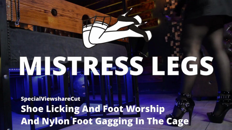 Mistress Legs: Ayakkabı yalama ve ayak ibadeti ve kafeste naylon ayak öğürüyor