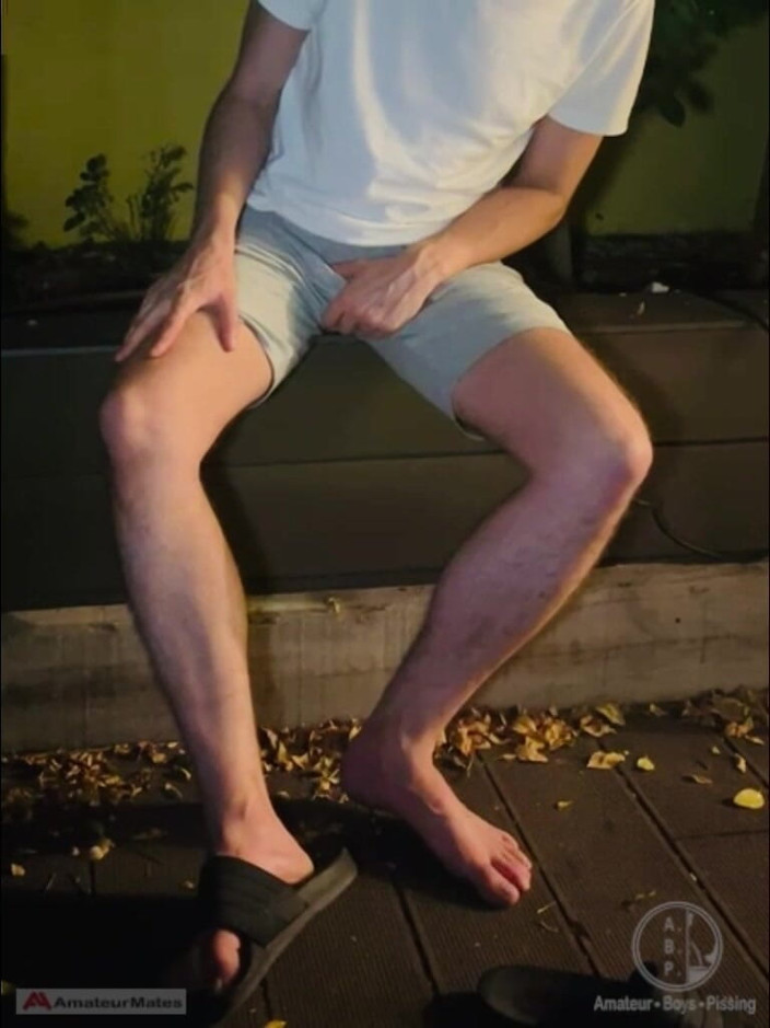 AmateurBoysPissing: Amateur Twink in Adilette Sandals Wets Himself in the Garden...