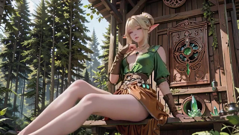 Seraphina Vale: Forest Elf Queen! Devrilen güneş ışığında diz çöküp, ıslandıkçe parmak uçları personeli izliyor.