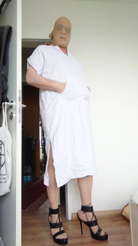 White Caftan, Tights and Sexy High Heels