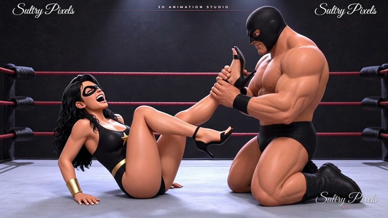 Sultry Pixels 3D: Super-erou mascat în tocuri strap prins în Bearhugs și glezne locks - Ring Wrestling