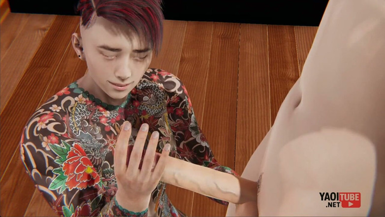 Yaoitube: Yaoi - 全身纹身的男人给twwink打手枪，然后用自己的屁股摩擦自己