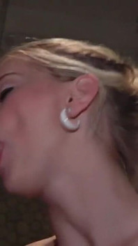Blonde Babe Golden Showers Guy with Red Mask, Then Deephtroats and Eats His Cum