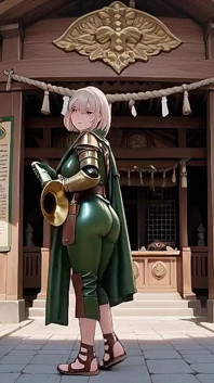 金发骑士的下午！绿色制服金色机械臂，懒散地在古代石头废墟中沉思。