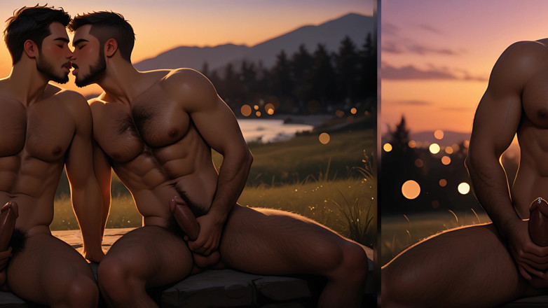 LustMen: Adegan masturbasi bareng pria dengan dada berbulu di sunset ini...