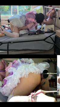 Pink Satin Sissy Maid Gets Fucked by Her Fucking Machine and Plays with Her Sex Toy Doll
