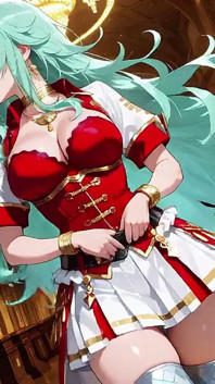 Golden Hall Fantasy! Green-haired Knight in Red-white Armor Kneeling, Teasing with Floating Magic Books - Divine Meets Carnal!