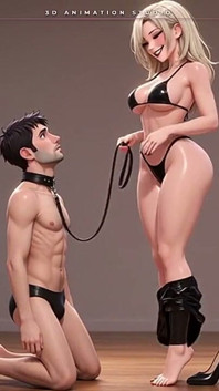 สาวผมบลอนด์ลาเท็กซ์ตัวสูงนําชายปลอกคอของเธอโดยสายจูง - เท้าในปากเขา
