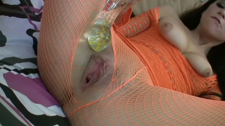 Self Love Top Solo Girls: Glass Dildo Solo in an Orange Fishnet Bodysuit - Busty Brunette...