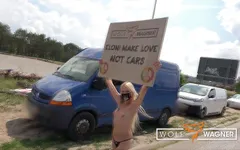 Tesla protest! Nude for a greater good! Kitty Blair demonstrates completely naked!