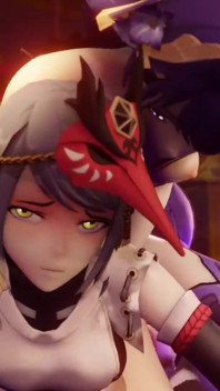 Genshin Raiden Shogun Fucks Sara with a Strapon, Itto Is There Too